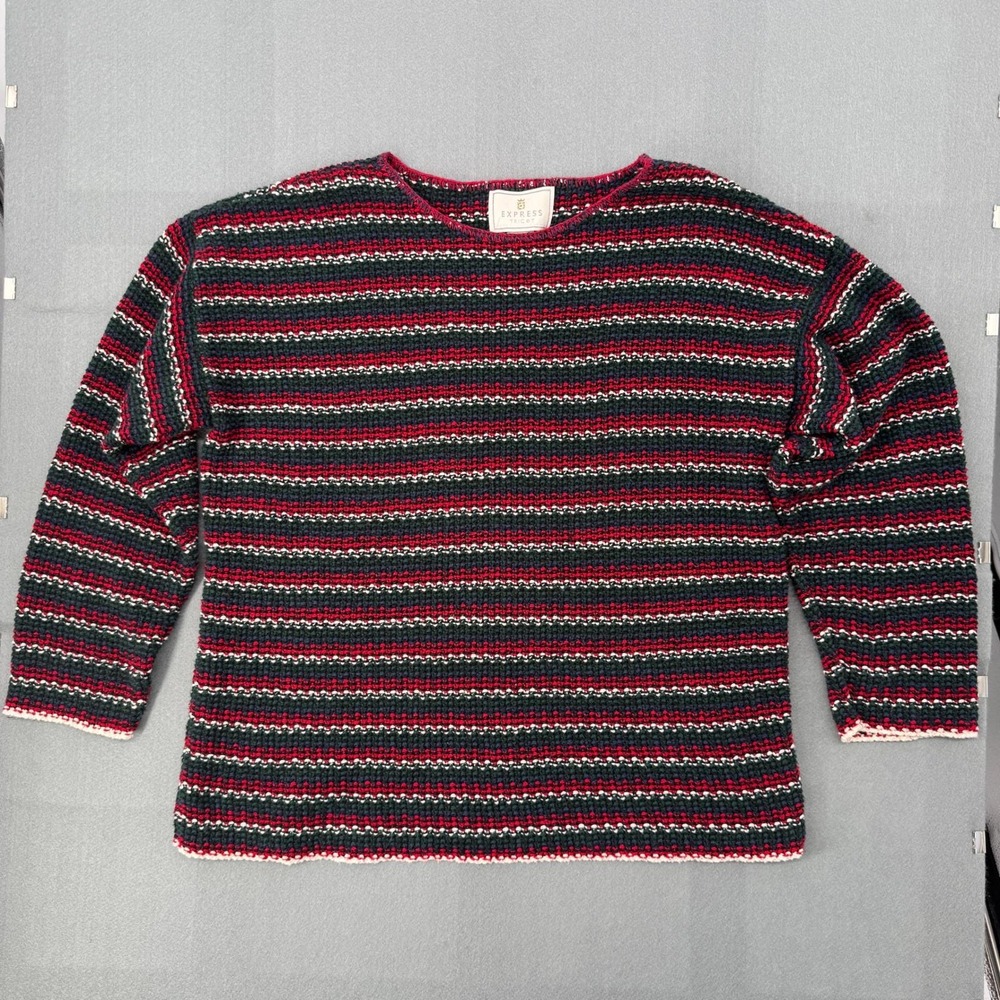 Vintage 90s Express Tricot Striped Sweater S Cotton Knit Grunge Boho Made in USA
